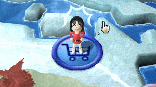 Mii Version Mii version of character getting hit with stomachache and resting for a turn on a replica of earth