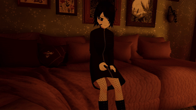 VRChat Footage Shows the character model sitting on a couch, smiling and doing peace sign with both hands